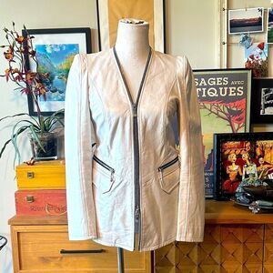 Dawn Levy Cream Pearl Designer Leather Jacket with Black Accents